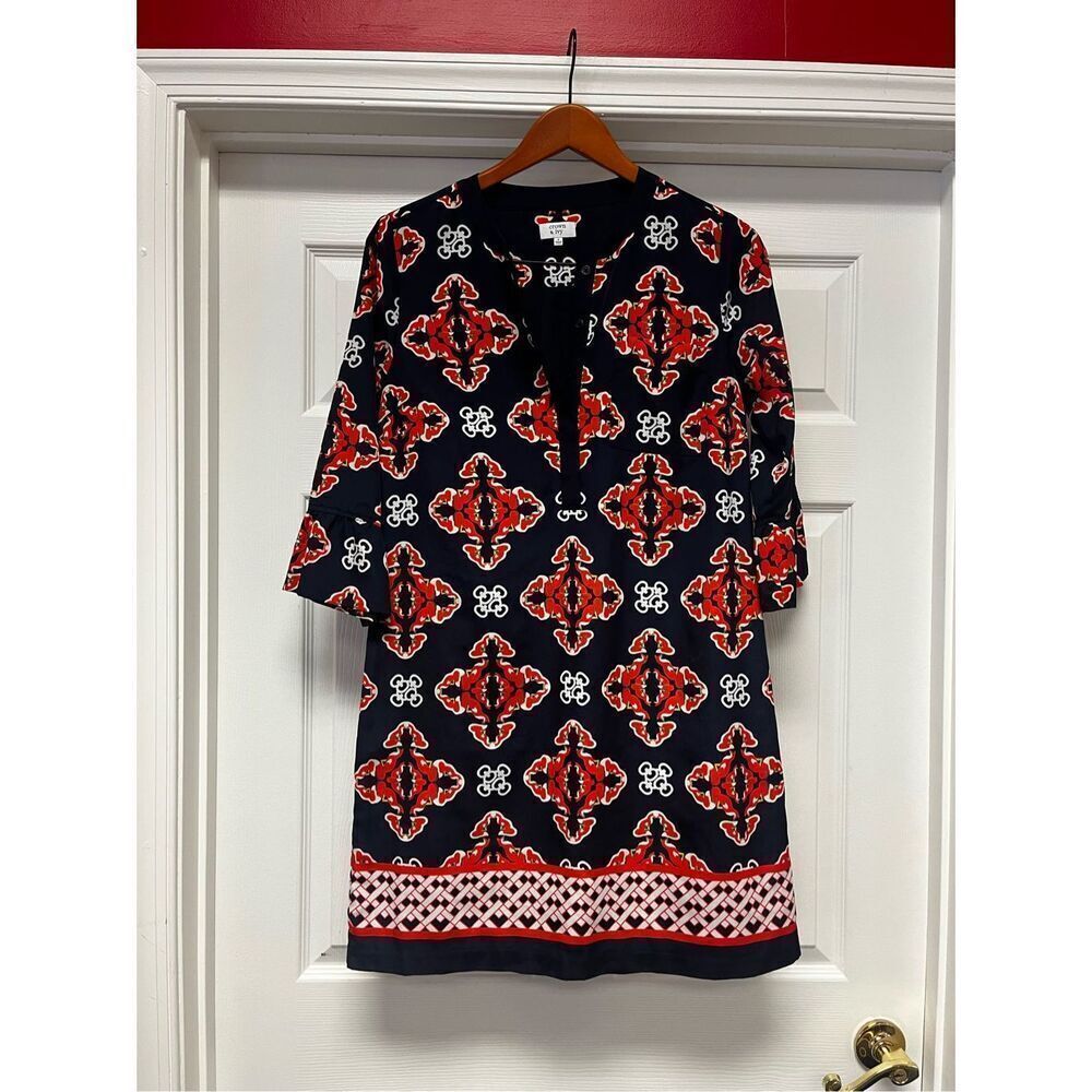 Crown & Ivy Navy & Orange Print Button Down Top Tunic Dress sz 8 NWOT
